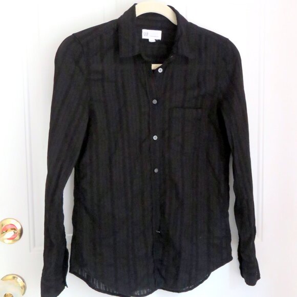 Gap Black Size XS Crinkle Fitted Boyfriend 100% Cotton Button Up Shirt Blouse XS - Picture 14 of 14